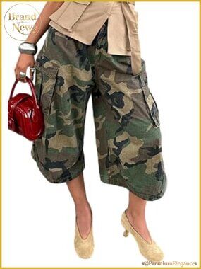 Women's High Waist Camo Cargo Capri Pants Baggy Wide Leg